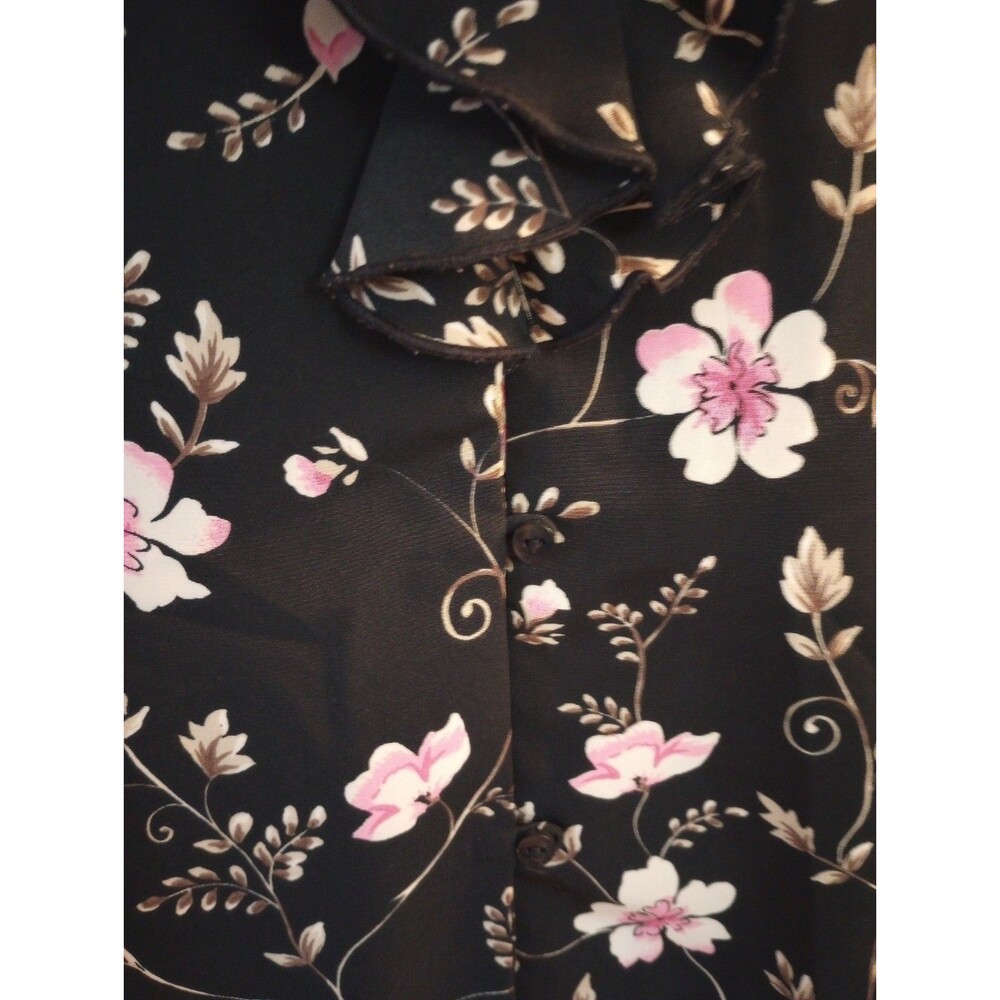 Y2K Ruffle Blouse Shirt 8P Black Floral Button Front Whimsigoth Cottagecore - Picture 8 of 10